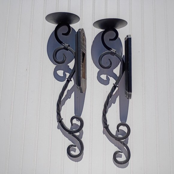 Black Wrought Iron Wall Sconce Pair Pillar Candle Holders Sconces Twisted Scroll - Picture 14 of 14